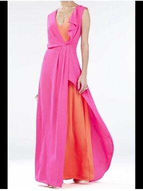 BCBGMaxAzria Fuchsia and Coral Colorblock Evening Gown